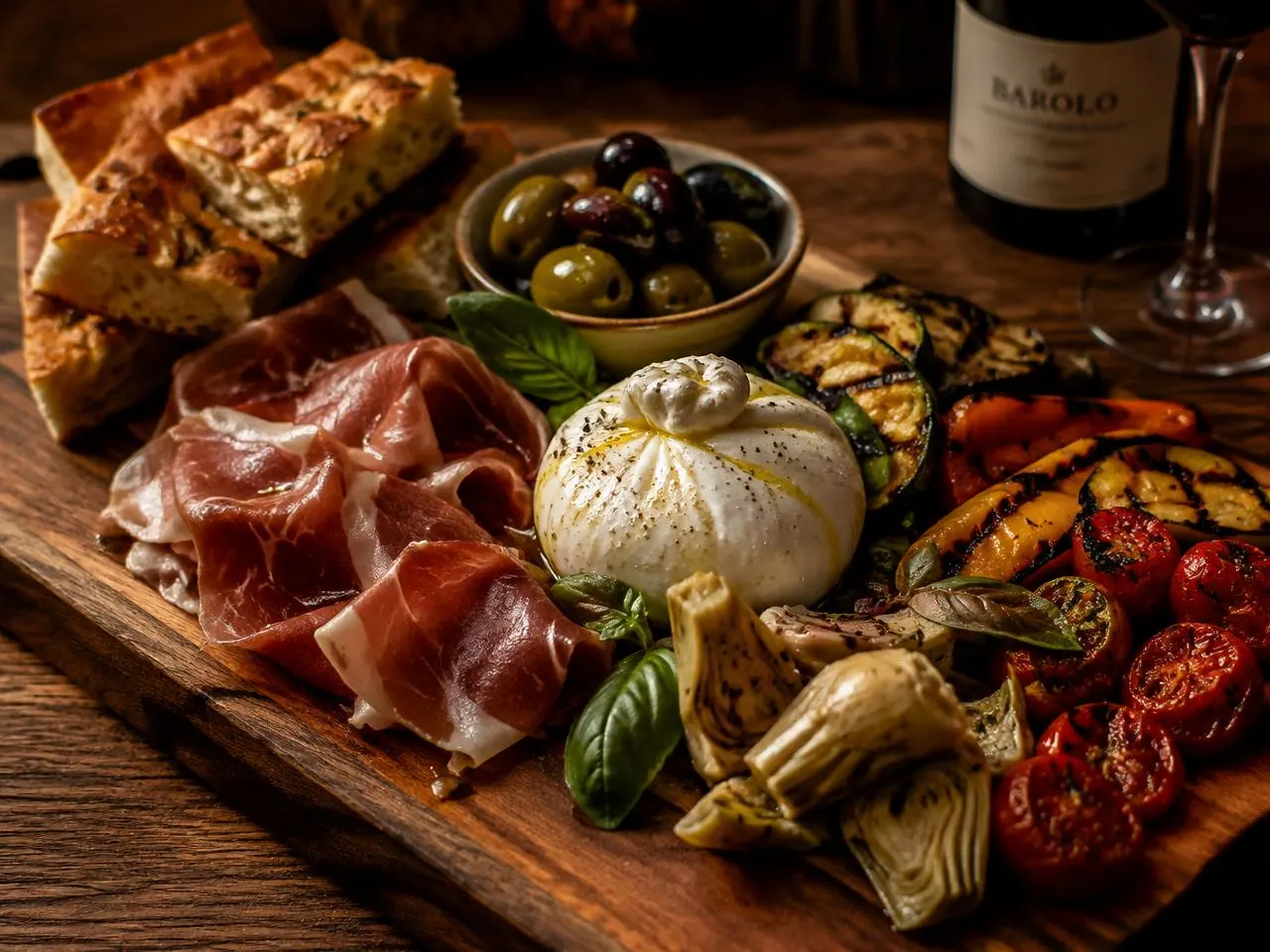 Planche d'antipasti : burrata, jambon cru, olives, légumes grillés