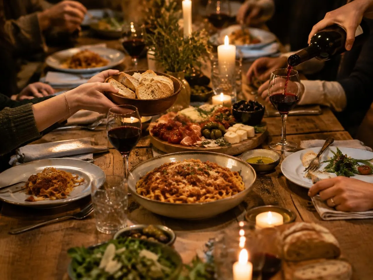 Amis partageant des plats italiens autour d'une table aux chandelles