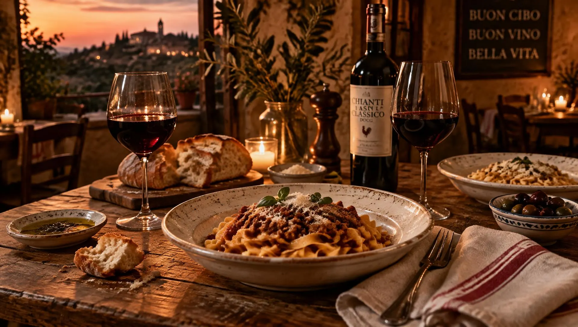 Table d'osteria italienne aux chandelles avec tagliatelle au ragù, pain et vin rouge