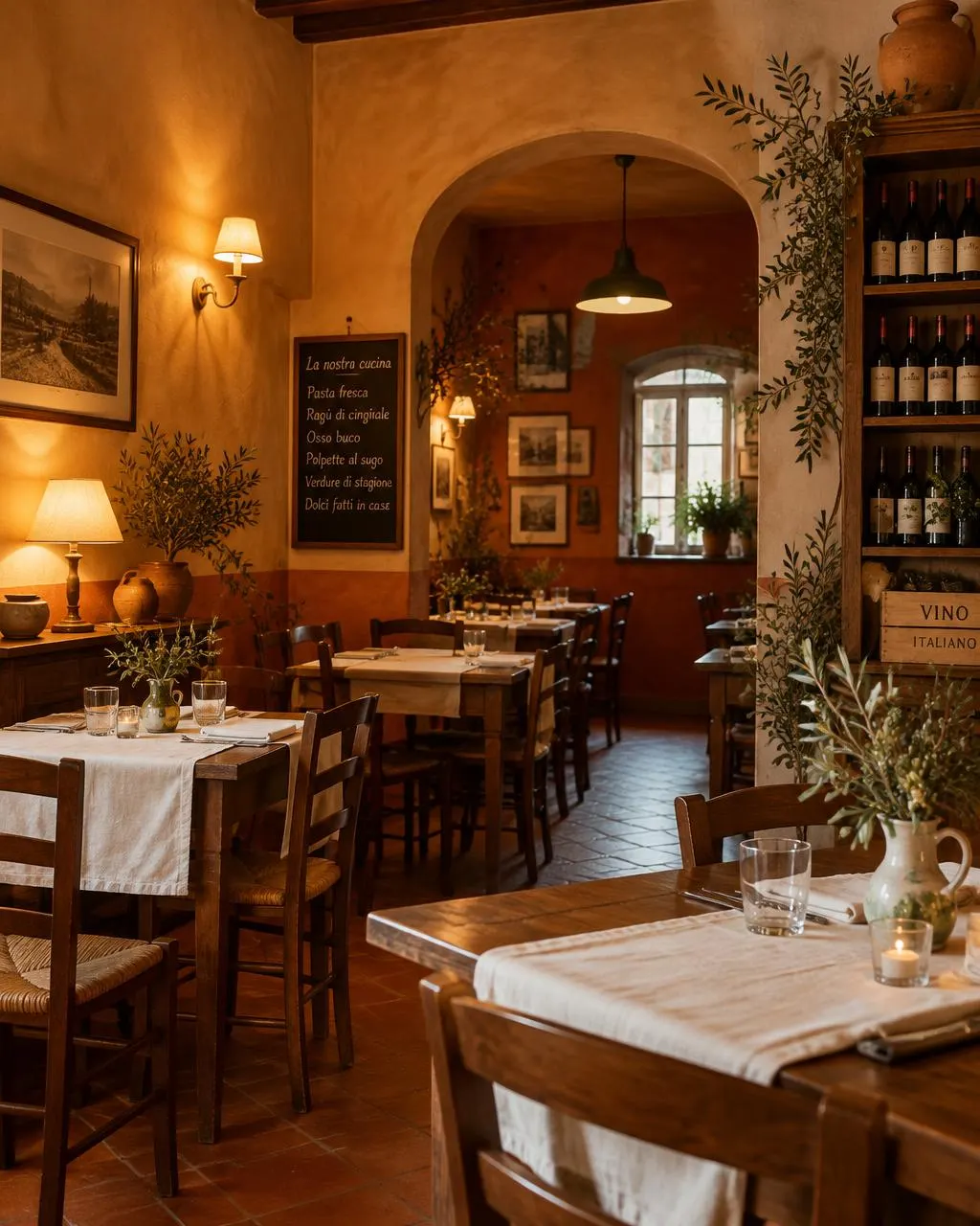 Intérieur chaleureux d'une osteria italienne, tables en bois et lampes dorées