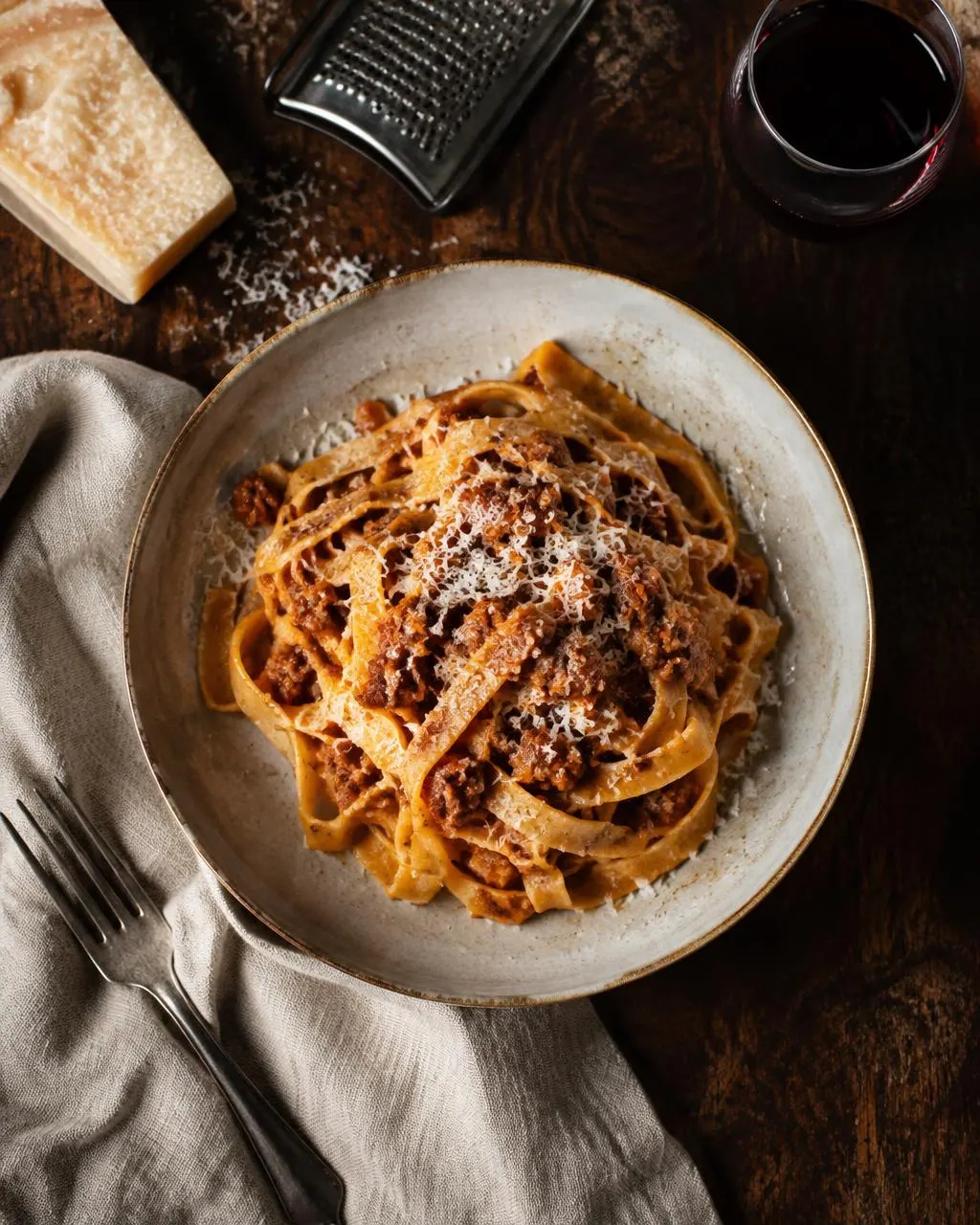 Tagliatelle au ragù et parmesan sur une assiette en céramique